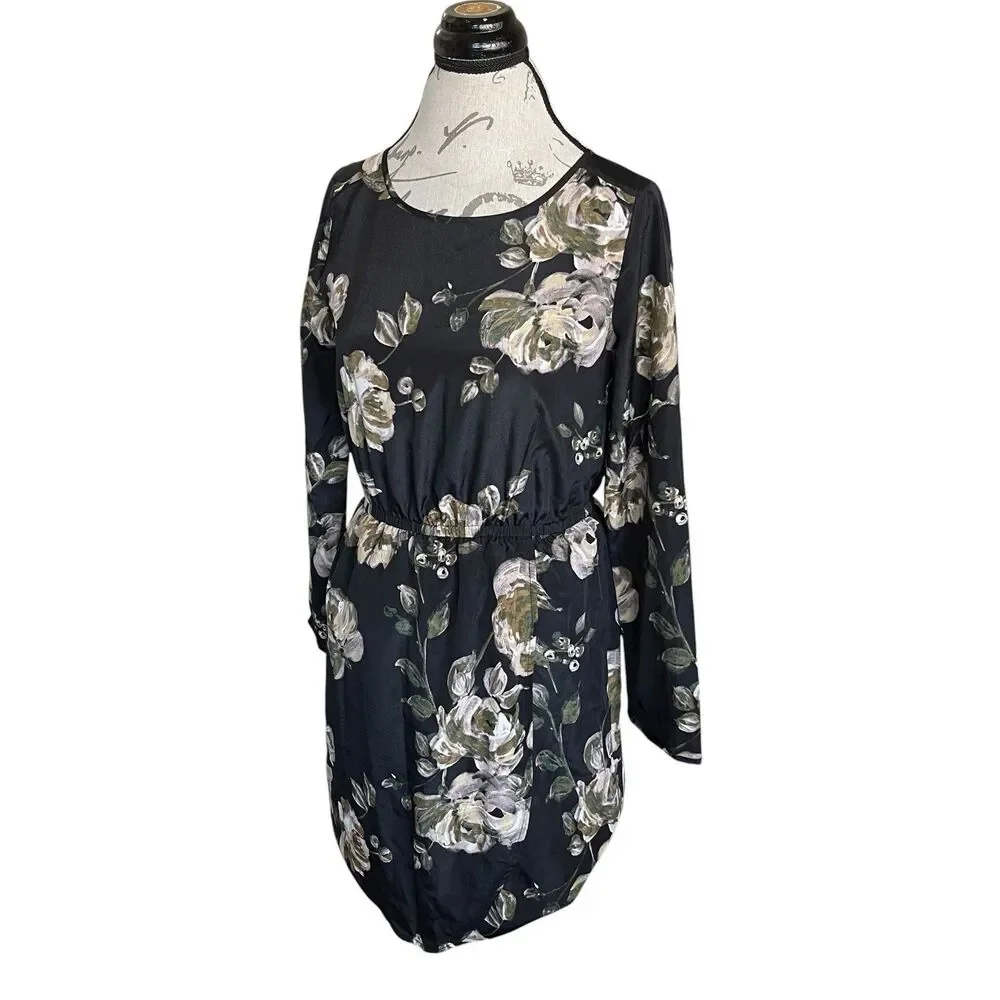 J.Crew Womens Dress Sz 00 Sz 2XS Black Floral Long Sleeve Short Fall Winter
